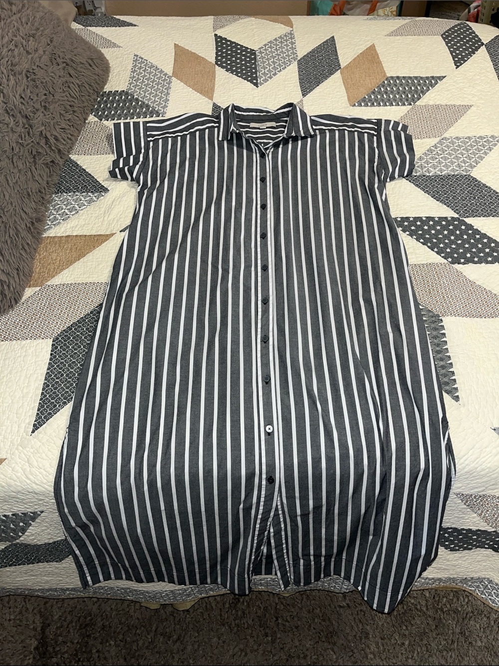 LOFT Black and White Striped Button-Front Shirt Dress